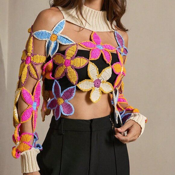 Apricot Casual Women's Hollow Out Floral Pattern Crew Neck Long Sleeve Sweater - Picture 4 of 7